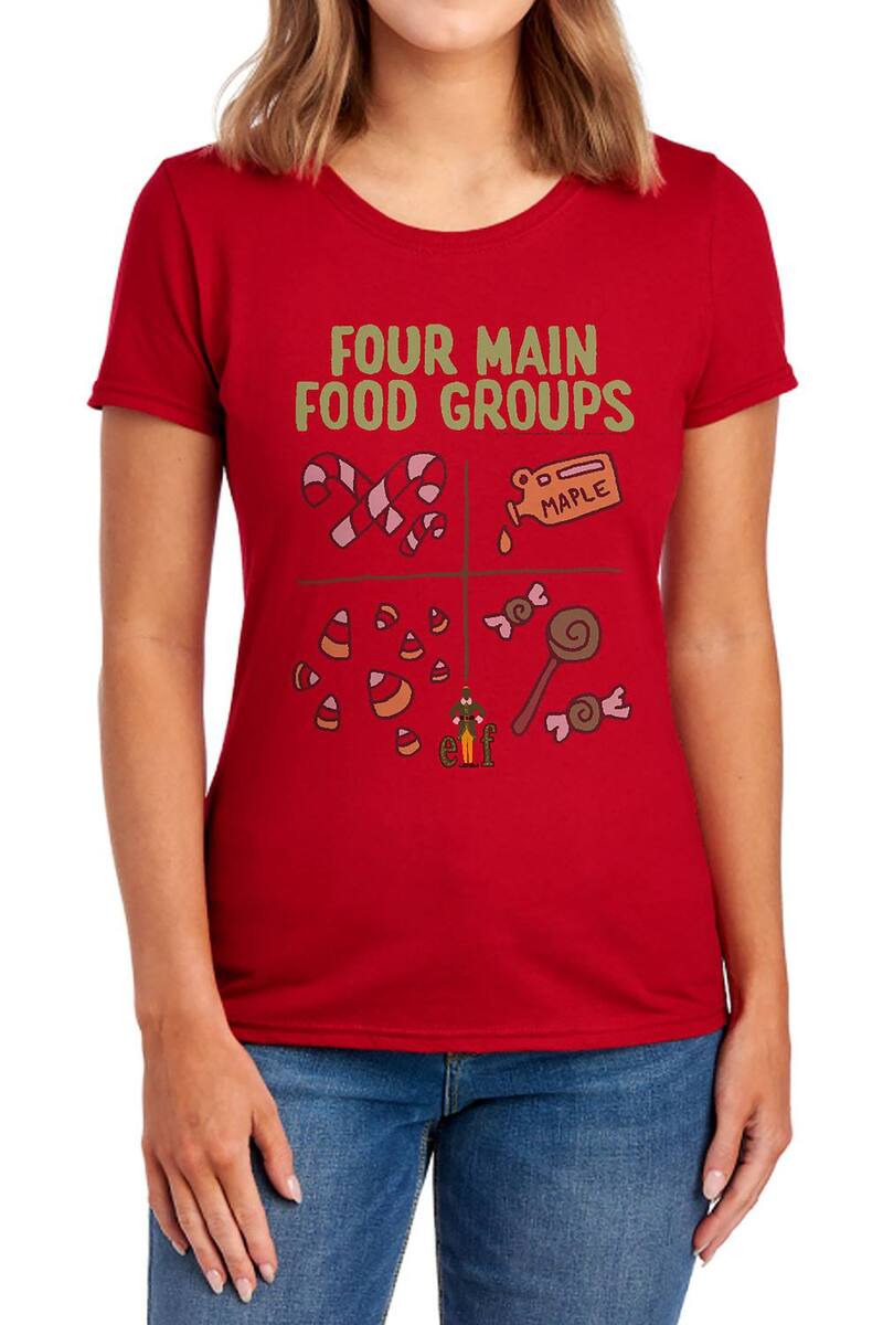 アニメキャラクター レディース トップス Tシャツ グラフィック Licensed Character Juniors' Elf Buddy Thelfour Food Groups Graphic Tee Red レッド