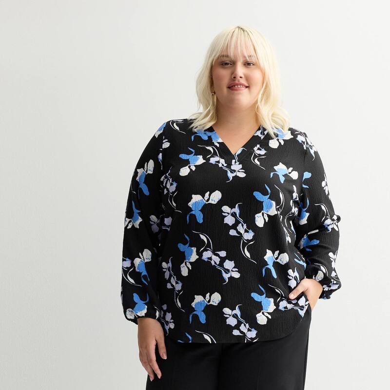 ナインウェスト レディース トップス シャツ Vネック プラスサイズ Plusize Nine West Long Bishop Sleeve V-Neck Tunic Black Beryl Floral ブラック