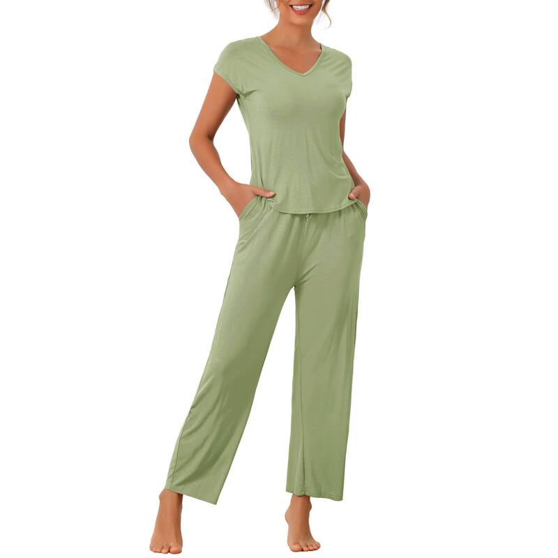 cheibear レディース アンダーウェア ナイトウェア パンツ cheibear Womenshort Sleeve Modal Casual Set Pajama 2 Piece Loungewear Long Pantsweatsuit Light Green グリーン