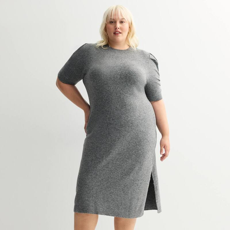 ナインウェスト レディース トップス ワンピース プラスサイズ ギャザー セーター Plusize Nine West Ruched Elbow Sleeve Sweater Dress Coal Heather ヘザー｜ReVida 店