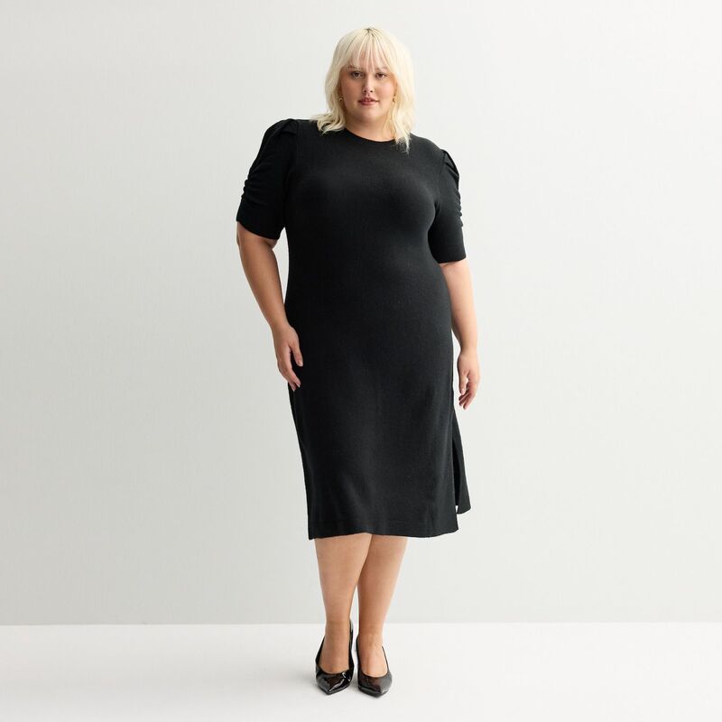 ナインウェスト レディース トップス ワンピース プラスサイズ ギャザー セーター Plusize Nine West Ruched Elbow Sleeve Sweater Dress Mineral Black ブラック｜ReVida 店