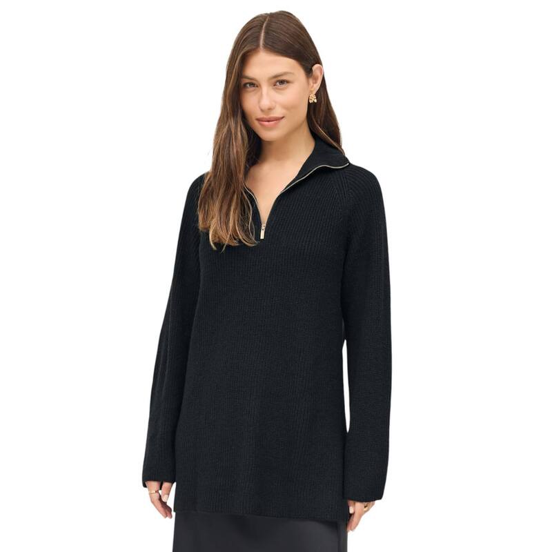 Ellos レディース アウター ニット・セーター プラスサイズ ellos Plusize 1/4 Zip Sweater Tunic With Side Slits Black ブラック