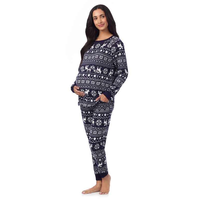 クドルドッズ レディース アンダーウェア ナイトウェア セーター ニット マタニティ Maternity Cuddl Duds 2-pc. Sweater Knit Pajama Top & Pajama Jogger Set Navy Moose Fairisle ネイビー