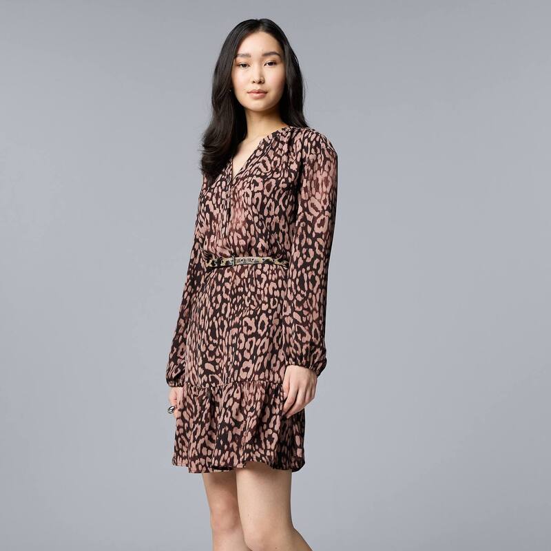 ヴェラウォン レディース トップス ワンピース プチ Petite Simply Vera Wang Belted Shirred Short Dress Brown Leopard ブラウン