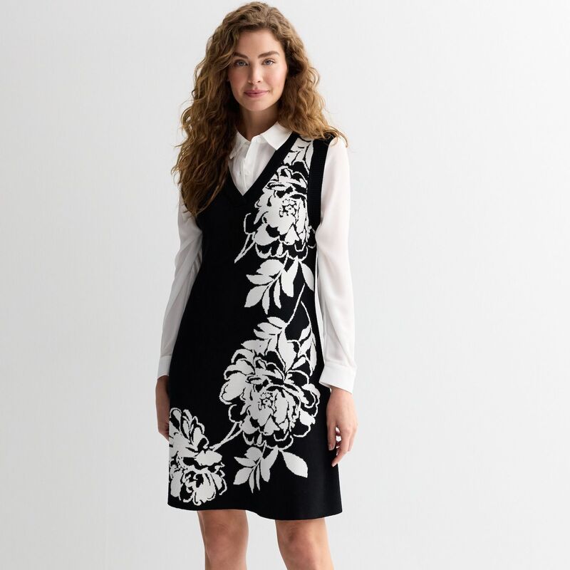 ロンドンタイムス レディース トップス ワンピース セーター Women's London Times Collared Twofer Sweater Dress Black White ホワイト