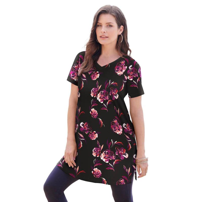 ロアマンズ レディース トップス Tシャツ Vネック プラスサイズ コットン Roaman's Women's Plusize Plusize Cotton Short Sleeve V-Neck Ultimate Tunic Black Open Floral ブラック｜ReVida 店
