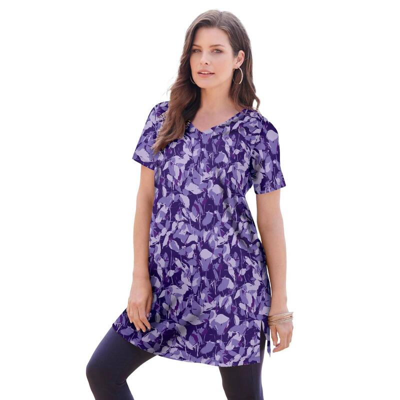 ロアマンズ レディース トップス Tシャツ Vネック プラスサイズ コットン Roaman's Women's Plusize Plusize Cotton Short Sleeve 
1ff8
V-Neck Ultimate Tunic Violetextured Leaves バイオレット