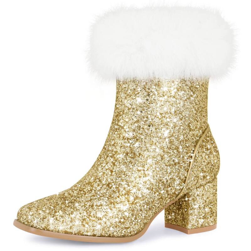 アレグラ ケー レディース シューズ ブーツ・レインブーツ プラスサイズ スパンコール アンクル ヒール ALLEGRA K Womenequin Glitter Square Toe Chunky Heel Faux Fur Plush Ankle Boots Gold ゴールド