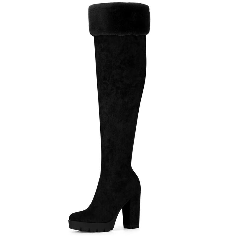 アレグラ ケー レディース シューズ ブーツ・レインブーツ プラットホーム 踵 ALLEGRA K Women\u0027s Platform Faux Fur Zipper Chunky Heel Over Knee High Boots Black 黒いこと ブーツ-その他-靴