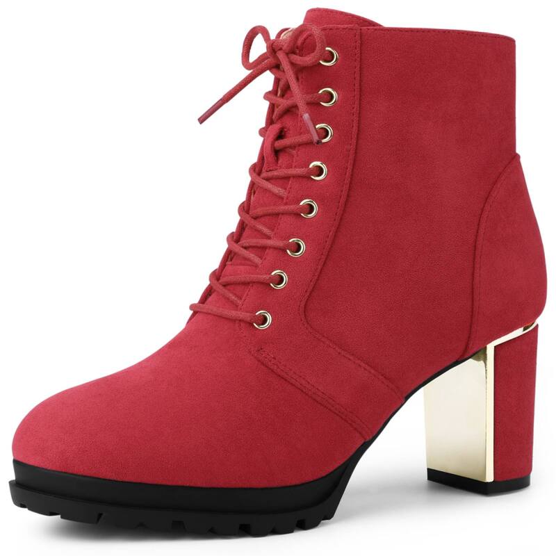 アレグラ ケー レディース シューズ ブーツ・レインブーツ レース ヒール ALLEGRA K Women's Round Toe Lace Up Chunky Heel Combat Boots Red レッド｜ReVida 店