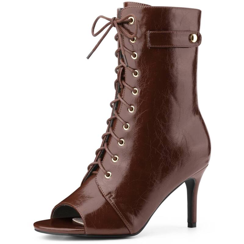 アレグラ ケー レディース シューズ ブーツ・レインブーツ アンクル レース ヒール ALLEGRA K Women Lace Upeep Toe Stiletto Heel Ankle Boots Brown ブラウン