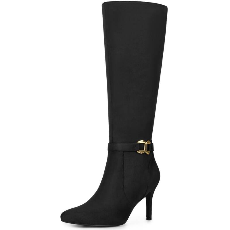 アレグラ ケー レディース シューズ ブーツ・レインブーツ ヒール ALLEGRA K Women's Buckle Pointed Toe Side Zip Stiletto Heel Knee High Boots Black ブラック
