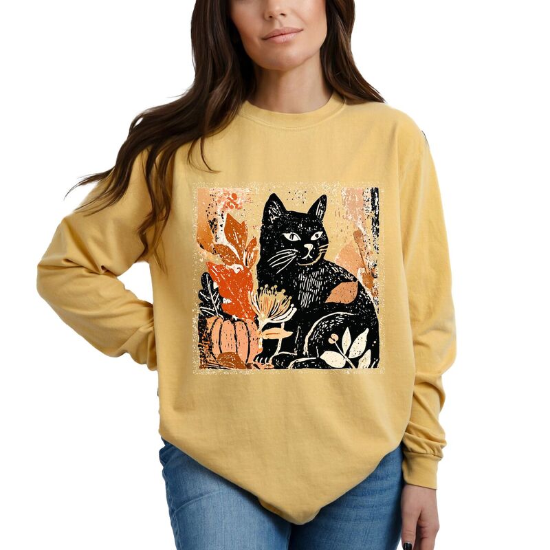 Simply Sage Market レディース トップス Tシャツ グラフィック Simply Sage Market Black Cat Falleaves Distressed - Women\u0027s Garment Dyed Long Sleeve Graphic T-Shirt Mustard マスタード Tシャツ・カットソー-レディースファッション-トップス
