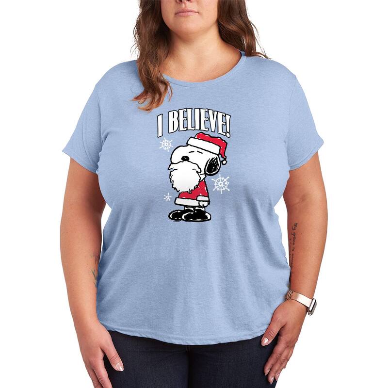 アニメキャラクター レディース トップス Tシャツ プラスサイズ グラフィック Licensed Character Plusize Peanutsnoopy I Believe Graphic Tee Heather Chambray Blue ヘザー