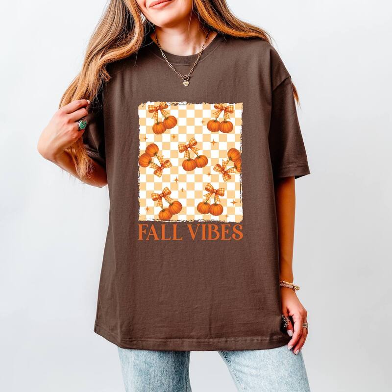 Simply Sage Market レディース トップス Tシャツ グラフィック Simply Sage Market Fall Vibes Checked Pumpkins - Women's Heavyweight Graphic T-Shirt Cocoa ココア