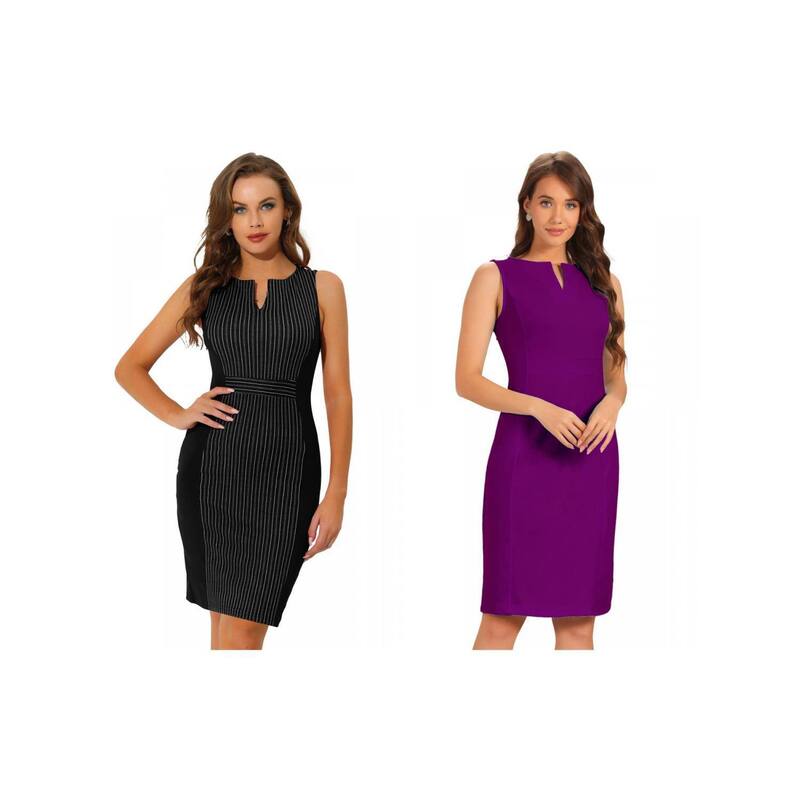 アレグラ ケー レディース トップス ワンピース Vネック ノースリーブ ALLEGRA K 2 Packs Women's V Neck Work Businessleeveless Bodycon Mid-Length Pencil Dresses Black Purple ブラック