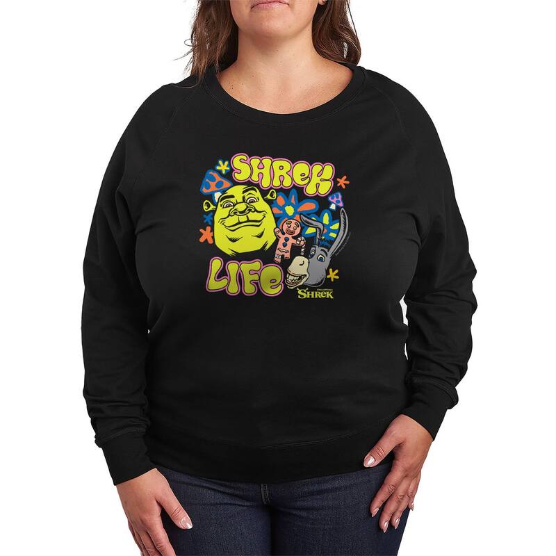 アニメキャラクター レディース トップス Tシャツ プラスサイズ パイル Licensed Character Plusize Shrek Life French Terry Long Sleeve Tee Black ブラック
