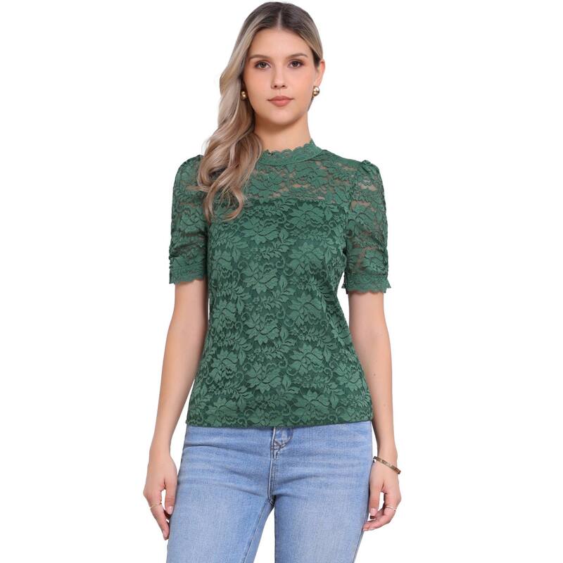 アレグラ ケー レディース トップス シャツ モックネック フラワー柄 ブラウス レース フラワー ALLEGRA K Floralace Top for Women's Mock Neck Puffy Short Sleeve Dressy Elegant Lace Blouse Tops Dark Green グリーン|ReVida 店
