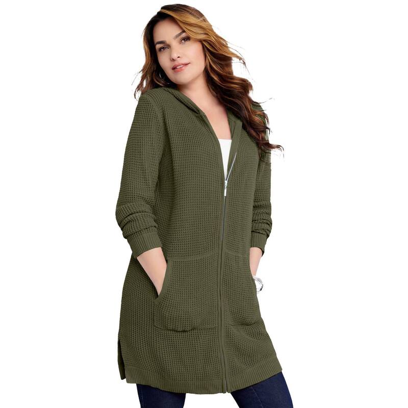 ロアマンズ レディース アウター ニット・セーター プラスサイズ パーカー Roaman's Women's Plusize Waffle Mega Length Zip Hoodie Dark Olive Green グリーン