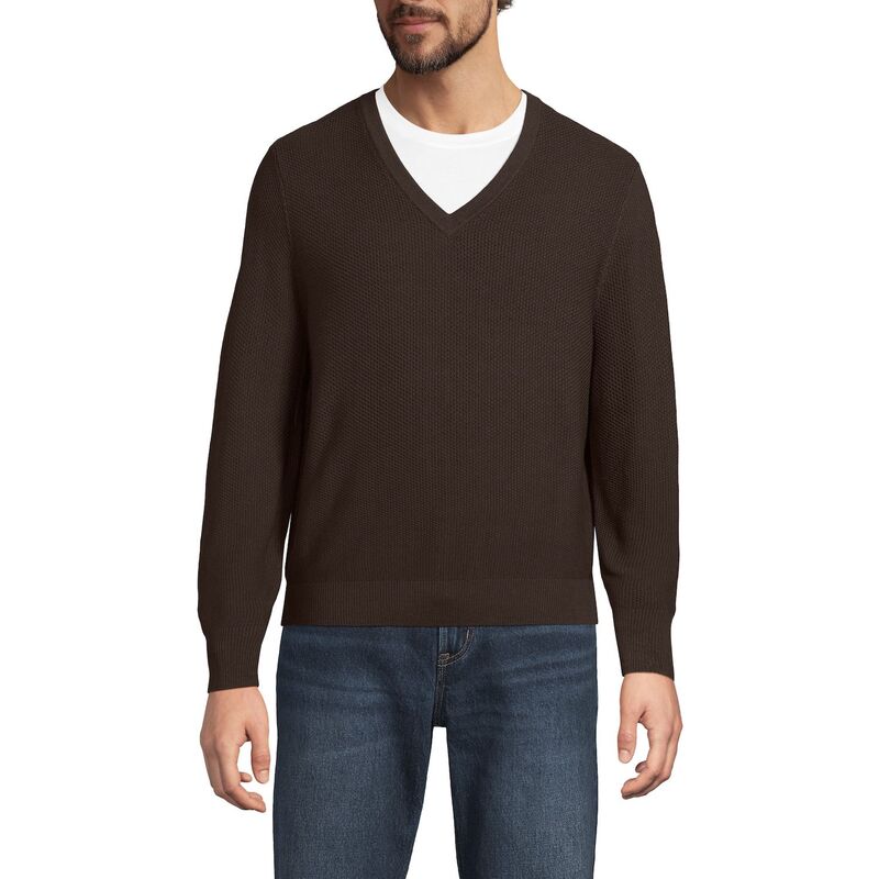 ランズ挙げ句のはて メンズ アウター 編み物・プルオーバー Vのど頚 毛糸 Men\u0027s Lands\u0027 End Washable Merino Wool V-Neck Sweaterich Coffee 珈琲
