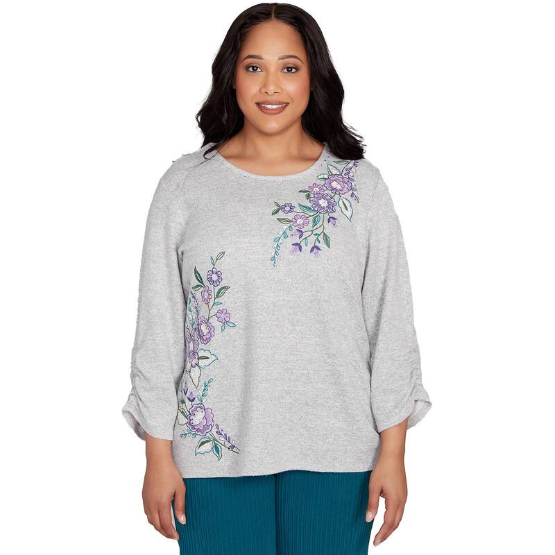 アルフレッド ダナー レディース トップス Tシャツ プラスサイズ 刺繍 Plusize Alfredunner Embroidered Flowers with Side Tie Ruching Top Gray グレー