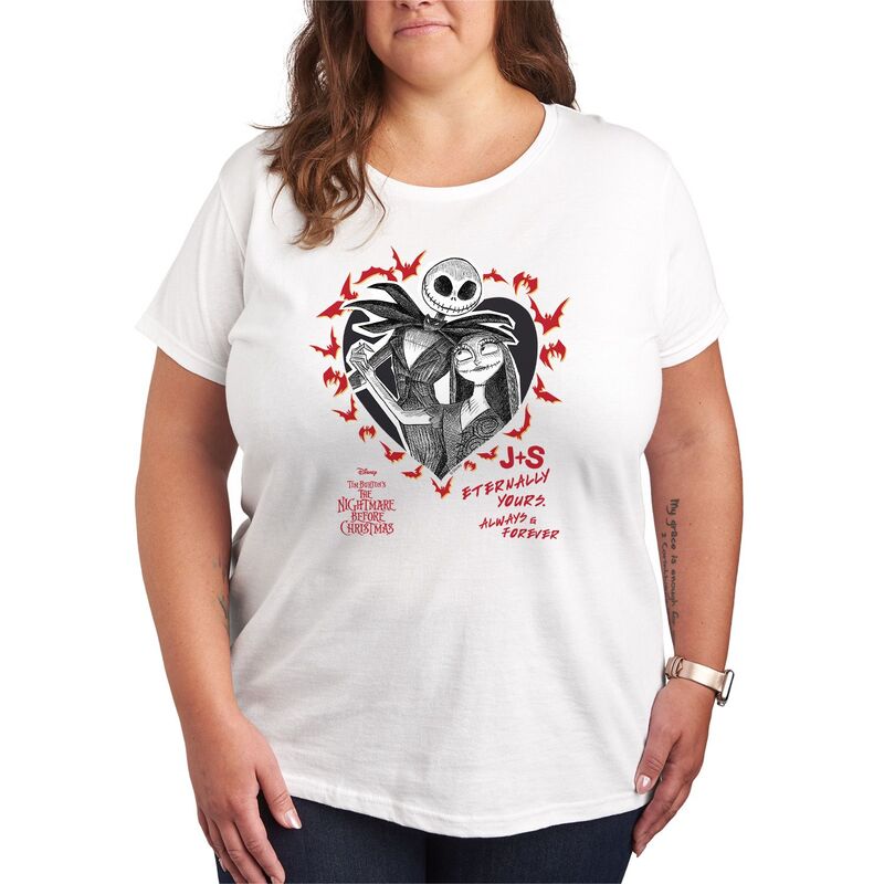 アニメキャラクター レディース トップス Tシャツ プラスサイズ グラフィック Licensed Character Plusize Disney's The Nightmare Before Christmas Jack & Sally Graphic Tee White ホワイト