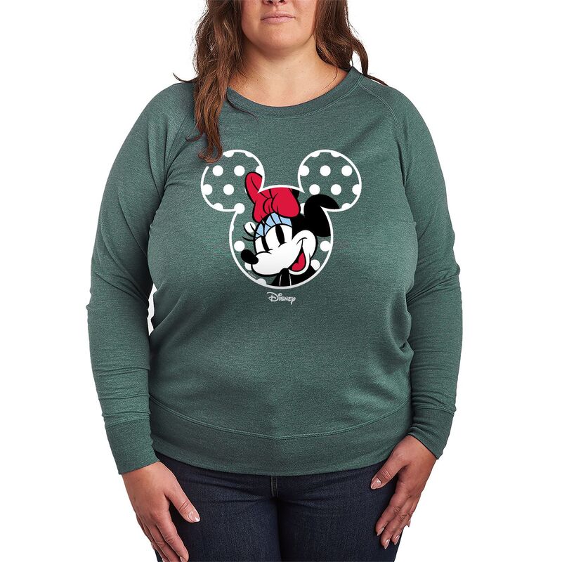 アニメキャラクター レディース トップス Tシャツ ドット柄 ドット プラスサイズ パイル Licensed Character Plusize Disney's Minnie Mouse Polka Dot Ears French Terry Long Sleeve Tee Heather Juniper ヘザー