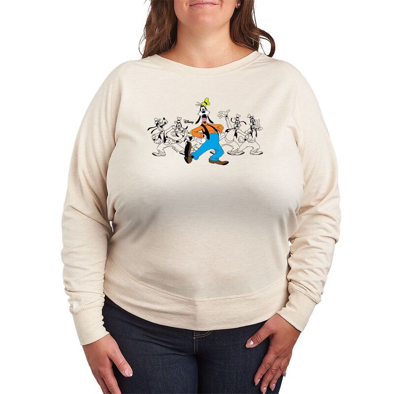 アニメキャラクター レディース トップス Tシャツ プラスサイズ パイル Licensed Character Plusize Disney's Goofy Poses French Terry Long Sleeve Tee Beige ベージュ