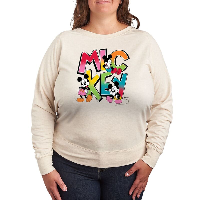 アニメキャラクター レディース トップス Tシャツ プラスサイズ パイル Licensed Character Plusize Disney's Mickey Mouse Retro French Terry Long Sleeve Tee Beige ベージュ 8,345円