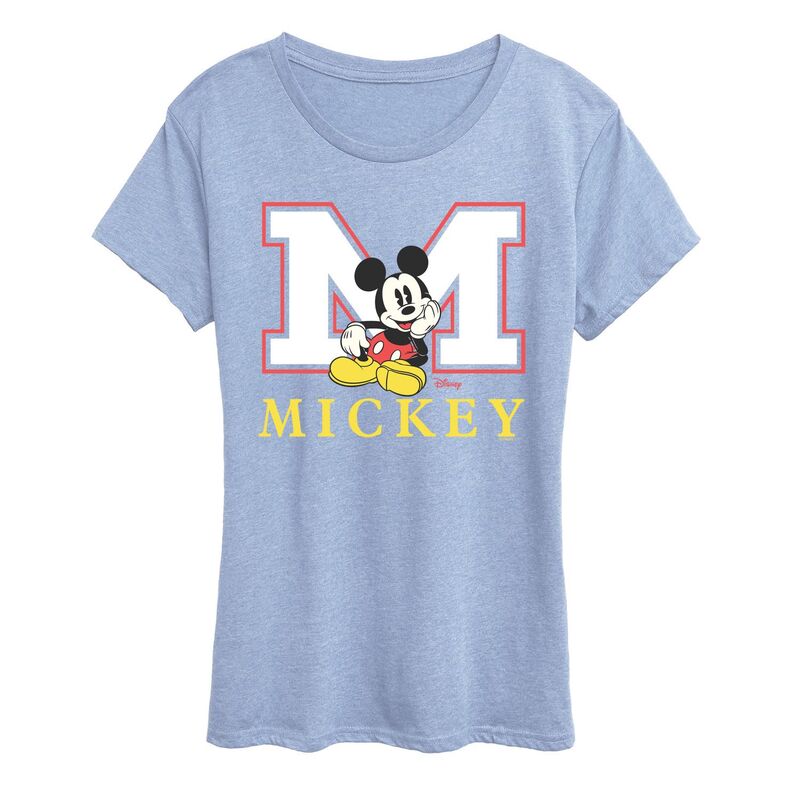 アニメキャラクター レディース トップス Tシャツ グラフィック Licensed Character Women's Disney's Mickey Mouse Varsity Letter Graphic Tee Heather Chambray Blue ヘザー