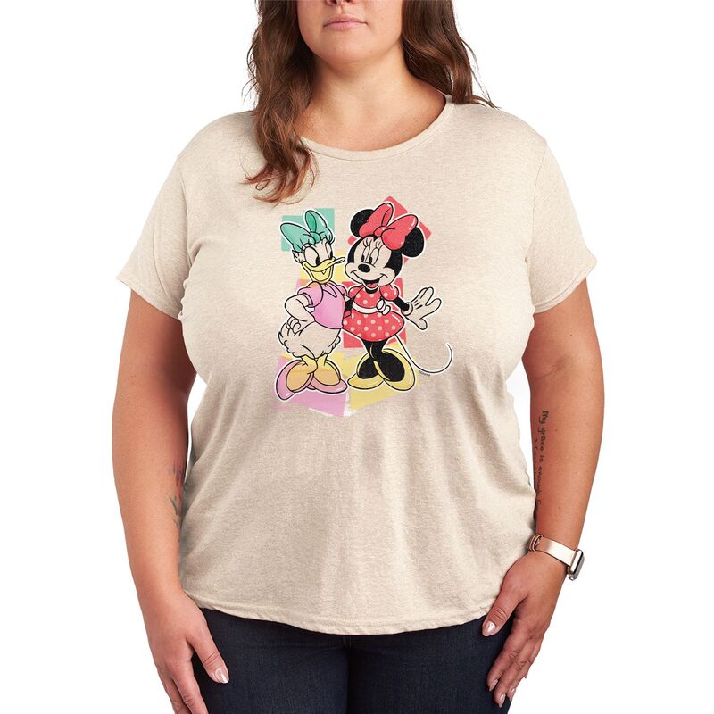 アニメキャラクター レディース トップス Tシャツ プラスサイズ グラフィック Licensed Character Plusize Disney's Daisy Duck & Minnie Mouse Pastels Graphic Tee Beige ベージュ