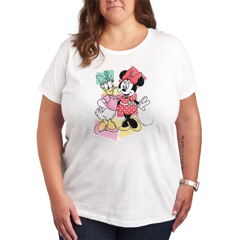 アニメキャラクター レディース トップス Tシャツ プラスサイズ グラフィック Licensed Character Plusize Disney's Daisy Duck & Minnie Mouse Pastels Graphic Tee White ホワイト