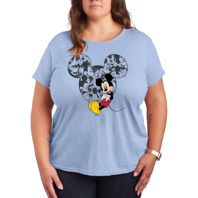 アニメキャラクター レディース トップス Tシャツ プラスサイズ グラフィック Licensed Character Plusize Disney's Mickey Mousear Collage Graphic Tee Heather Chambray Blue ヘザー
