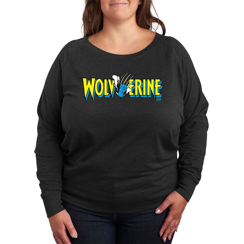 アニメキャラクター レディース トップス Tシャツ プラスサイズ パイル ロゴ Licensed Character Plusize Marvel Wolverine Claw Logo French Terry Long Sleeve Tee Heather Charcoal チャコール