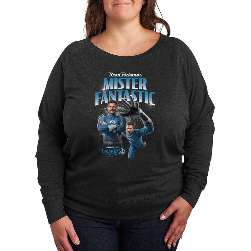 アニメキャラクター レディース トップス Tシャツ プラスサイズ パイル ブーツ Licensed Character Plusize Marvel The Fantastic Four: Firsteps Mr. Fantastic Bootleg French Terry Long Sleeve Tee Heather Charcoal チャコール