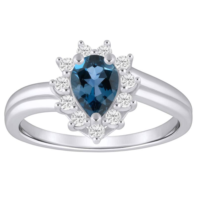 Alyson Layne レディース アクセサリー リング Alyson Layne 10k White Gold 1/5 Carat.W. Lab-Grown Diamond & Pear Shape Gemstone Halo Ring London Blue Topaz ブルー｜ReVida 店