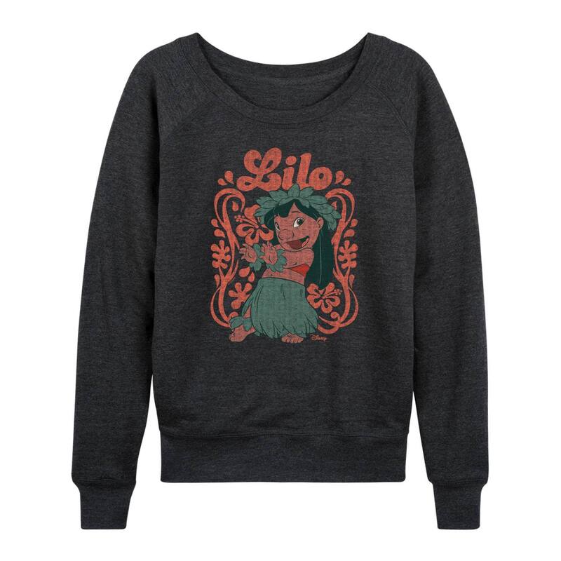 アニメキャラクター レディース トップス Tシャツ フラワー柄 パイル フラワー Licensed Character Women's Disney's Lilo & Stitch Floral Frame French Terry Long Sleeve Tee Heather Charcoal チャコール