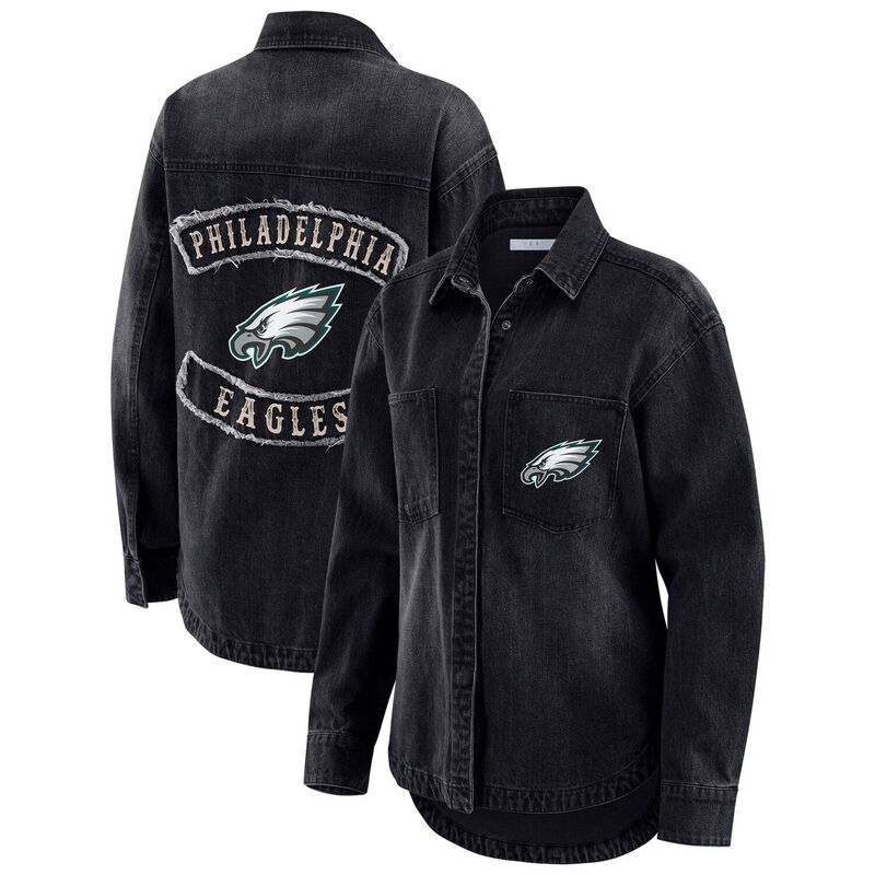 御召しもの バイ エリン アンド濫りがわしい レディース アウター 上衣・上衣 ジーンズ Women\u0027s WEAR by Erin Andrews Black Philadelphia Eagles Washed Oversizedenim Full-Snap Shacket Eag Black 黒いこと