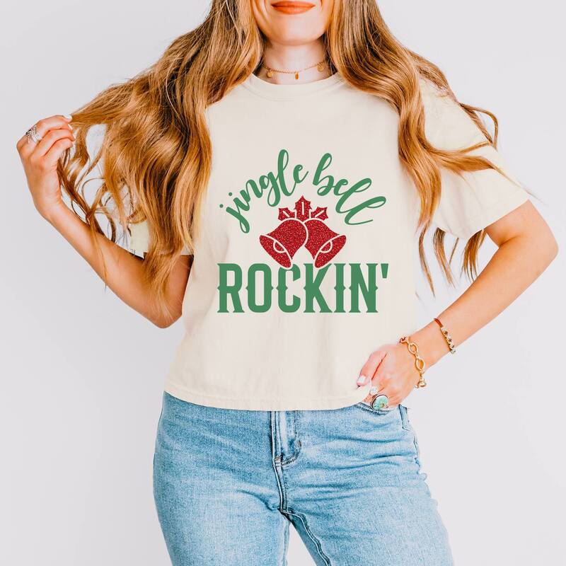 Simply Sage Market レディース トップス ティーシャツ Simply Sage Market Jingle Bell Rockin\u0027 Bell Glitter - Womens Boxy Crop Top Ivory 象牙色 Tシャツ・カットソー-レディースファッション