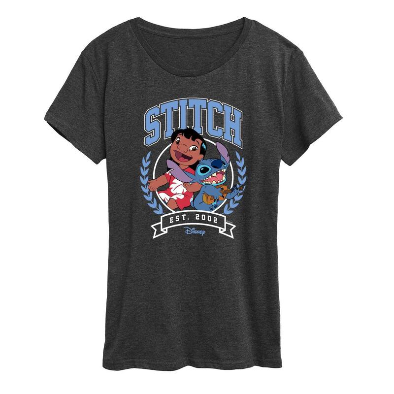 アニメキャラクター レディース トップス Tシャツ グラフィック Licensed Character Women's Disney's Lilo & Stitch Collegiatest. 2002 Graphic Tee Heather Charcoal チャコール