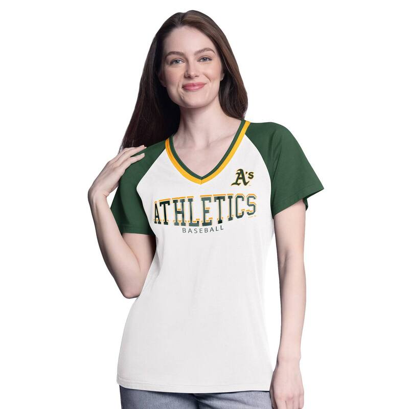 ジースリー フォーハー バイ カール バンクス レディース トップス Tシャツ Vネック Women's G-III 4Her by Carl Banks White/Green Athletics Ball Park Raglan V-Neck T-Shirt Oas White ホワイト