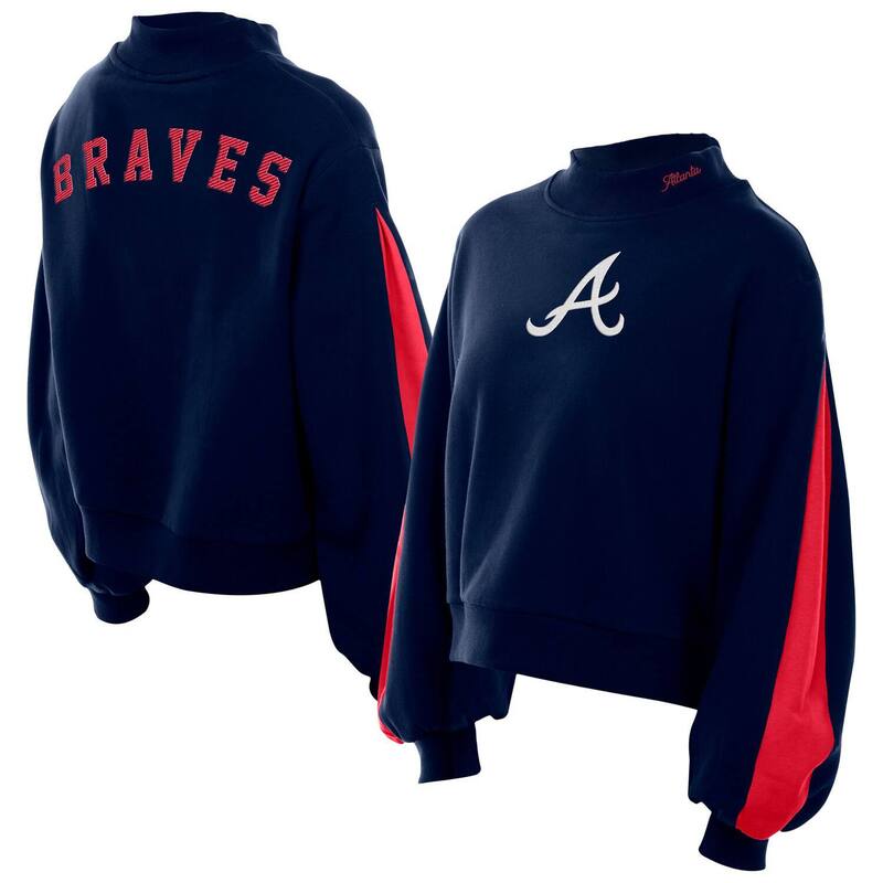 ニュー内鰓 レディース トップス プルオーバー モックネック 軽気球捩り 流汗 Women\u0027s New Era Navy Atlanta Braves Mock Neck Balloon Sleeve Sweatshirt Brv Navy 米国海軍
