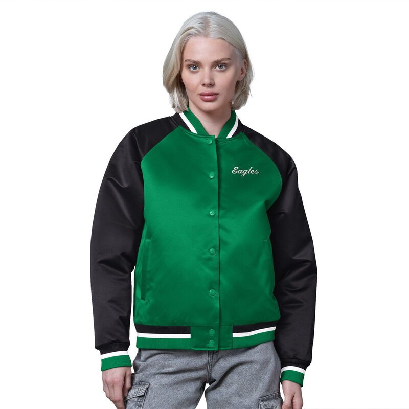 スターター レディース アウター ジャケット・ブルゾン ヴィンテージ サテン Women'starter Kelly Green/Black Philadelphia Eaglesatin Full-Snap Vintage Varsity Jacket Eagreen グリーン