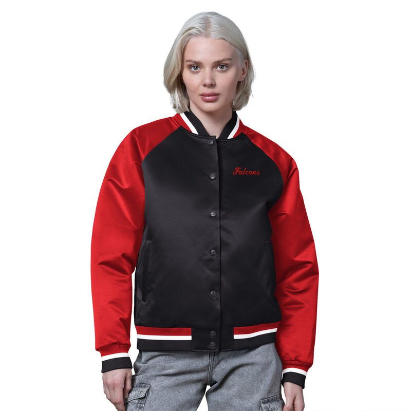 スターター レディース アウター ジャケット・ブルゾン ヴィンテージ サテン Women'starter Black/Red Atlanta Falconsatin Full-Snap Vintage Varsity Jacket Fal Black ブラック