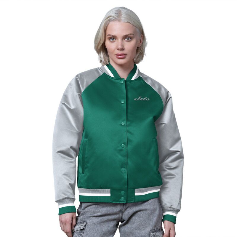 スターター レディース アウター ジャケット・ブルゾン ヴィンテージ サテン Women'starter Kelly Green/Gray New York Jetsatin Full-Snap Vintage Varsity Jacket Jet Green グリーン