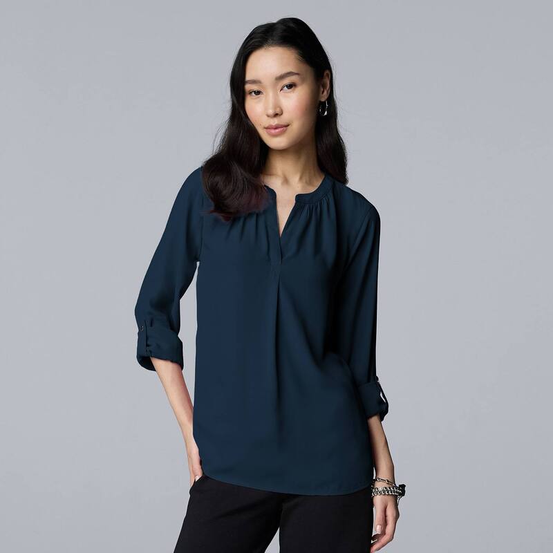 ヴェラウォン レディース トップス シャツ Women'simply Vera Wang Rolltab Sleeve Popover Liberty Navy ネイビー