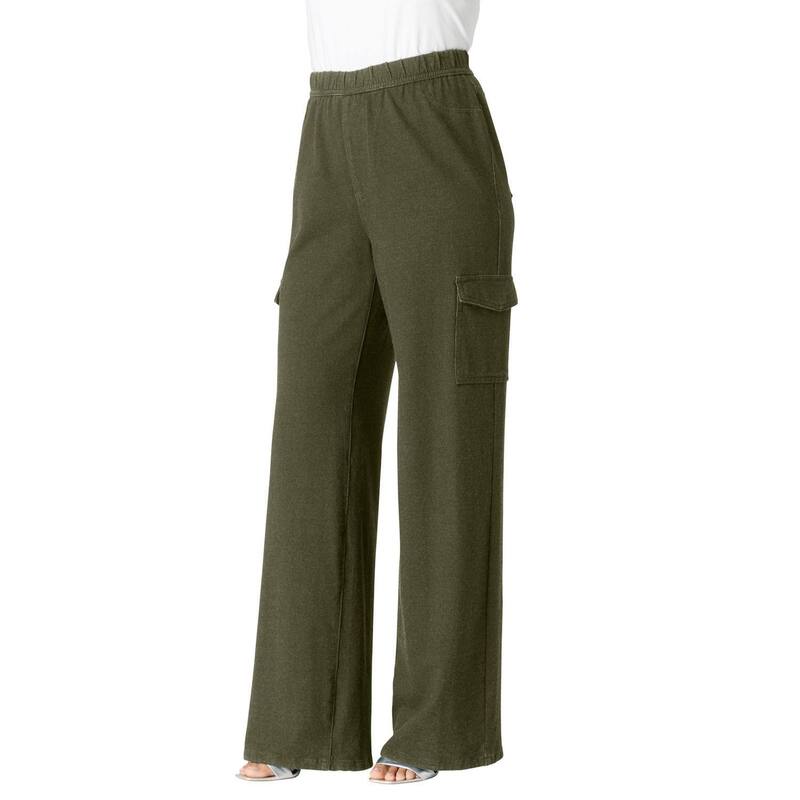 ロアマンズ レディース ボトムス デニムパンツ ワイドレッグ プラスサイズ ニット Roaman's Women's Plusize Wide Leg Cargo Knit Jean Dark Olive Green グリーン