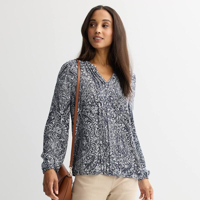 クロフト＆バロー レディース トップス シャツ ブラウス Women's Croft & Barrow Split Neck Pintuck Blouse Navy Scenic Medallion ネイビー