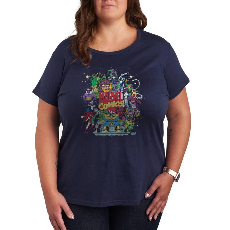 マーベル レディース トップス Tシャツ プラスサイズ グラフィック Plusize Marvel Villains Retro Collage Graphic Tee Navy ネイビー
