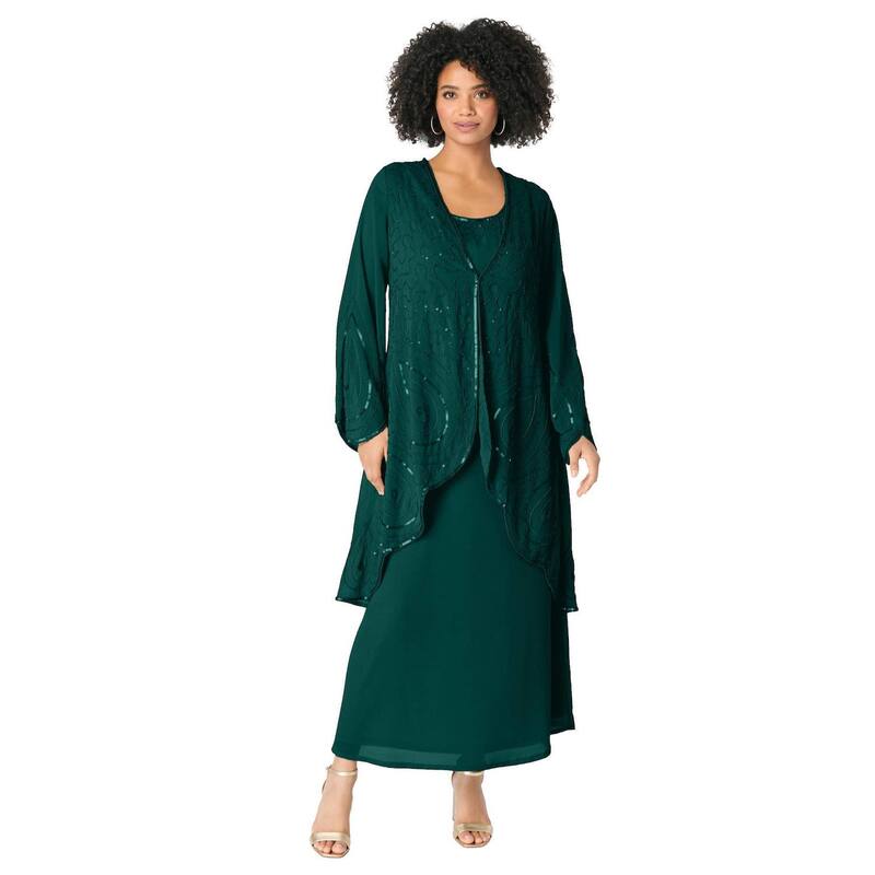 ロアマンズ レディース トップス ワンピース ジョーゼット プラスサイズ Roaman's Women's Plusize Plus-Size 2 Piece Long Sleeve Beaded Georgette Gown Set With Detachablemerald Green グリーン